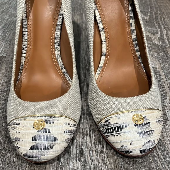 Tory Burch Snake Print and Canvas Block Heel - Picture 2 of 7